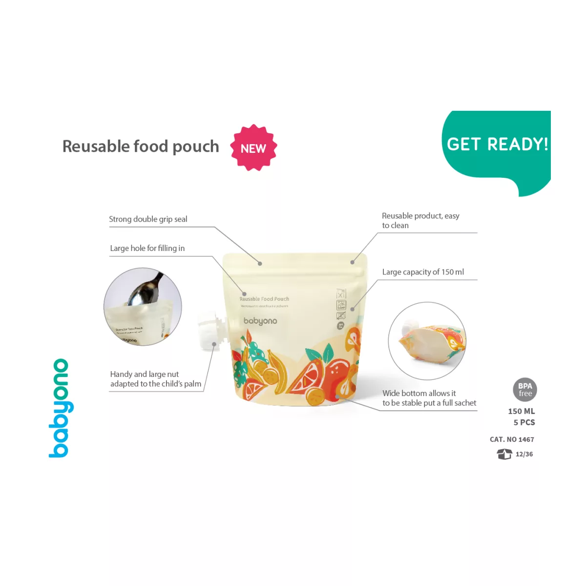 BabyOno Babyvoedingzak - Voedselzak - Voedselzakje - Voedselbewaarzakjes - Herbruikbare - Food Pouch - 150 ml - 5 st - 2