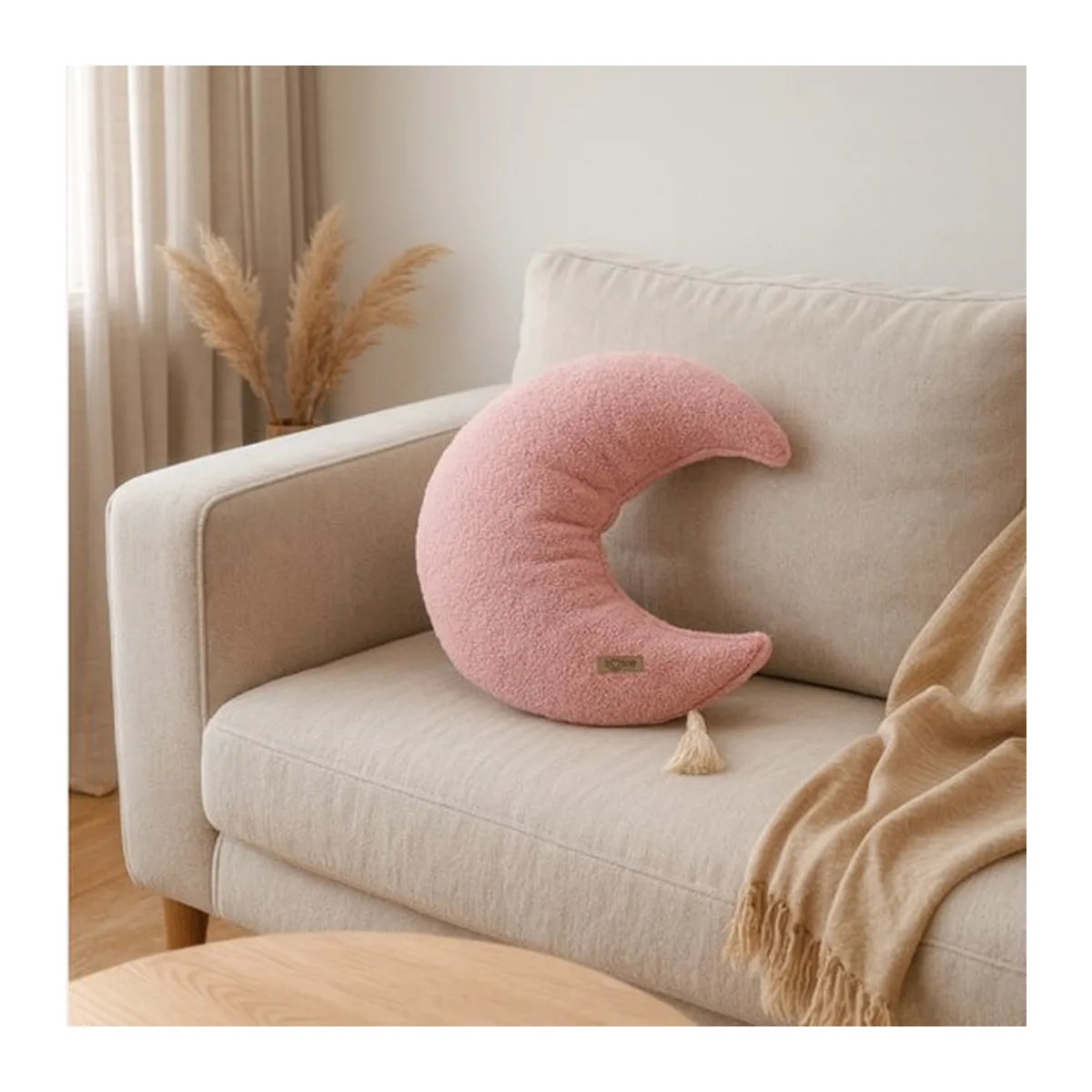 Soosie - Sierkussen Maan – Kussentje - Teddy Bouclé – Ø 50 cm – Zacht Roze – Met Kwastje - 7
