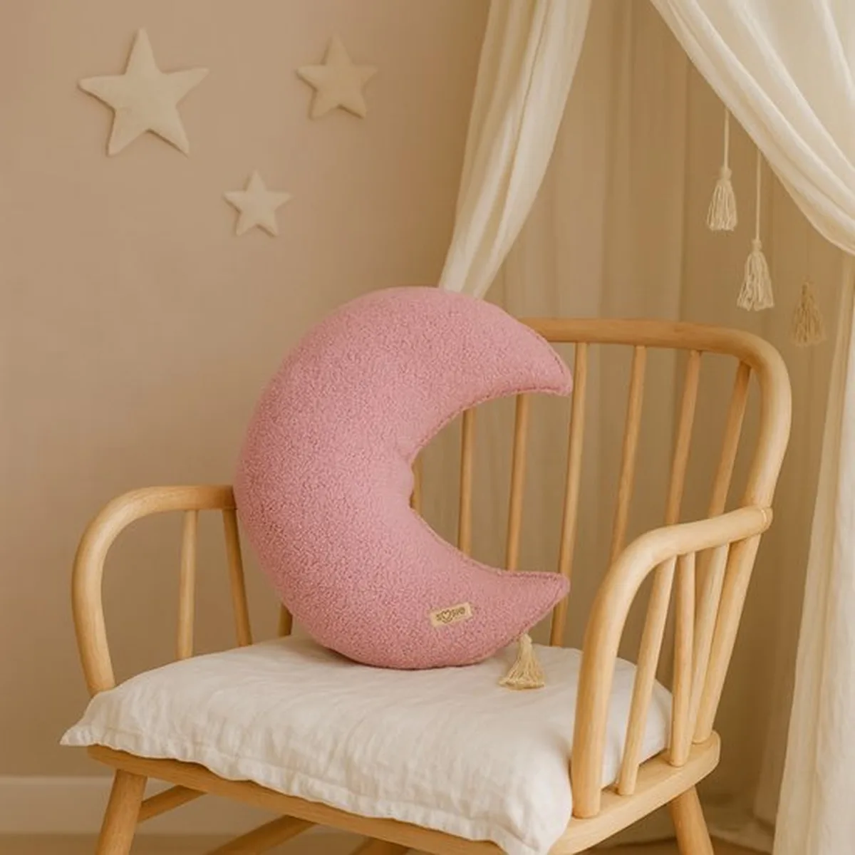Soosie - Sierkussen Maan – Kussentje - Teddy Bouclé – Ø 50 cm – Zacht Roze – Met Kwastje - 4