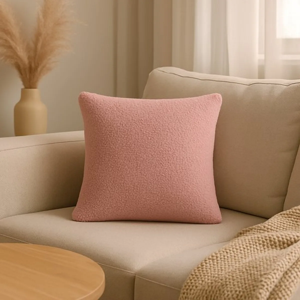 Soosie - Sierkussen Vierkant – Kussentje - Teddy Bouclé – 40×40 cm – Zacht Roze