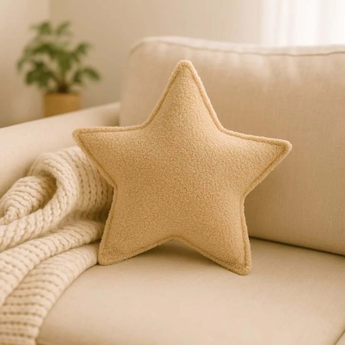 Soosie - Sierkussen Ster – Kussentje - Teddy Bouclé – 45×45 cm – Beige