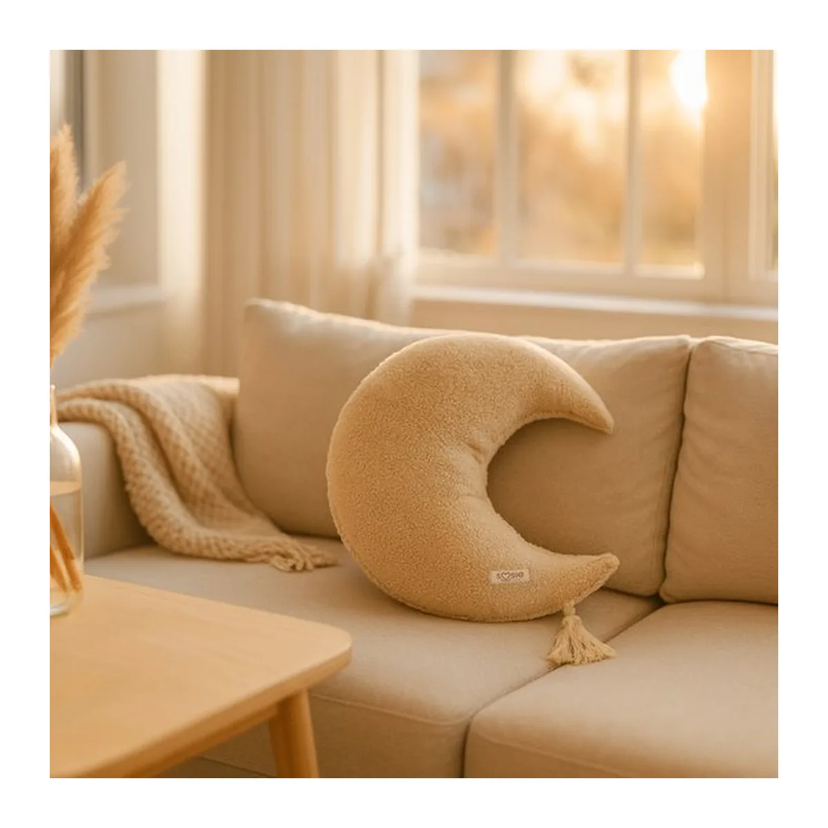 Soosie - Sierkussen Maan – Kussentje - Teddy Bouclé – Ø 50 cm – Beige – met kwastje - 7