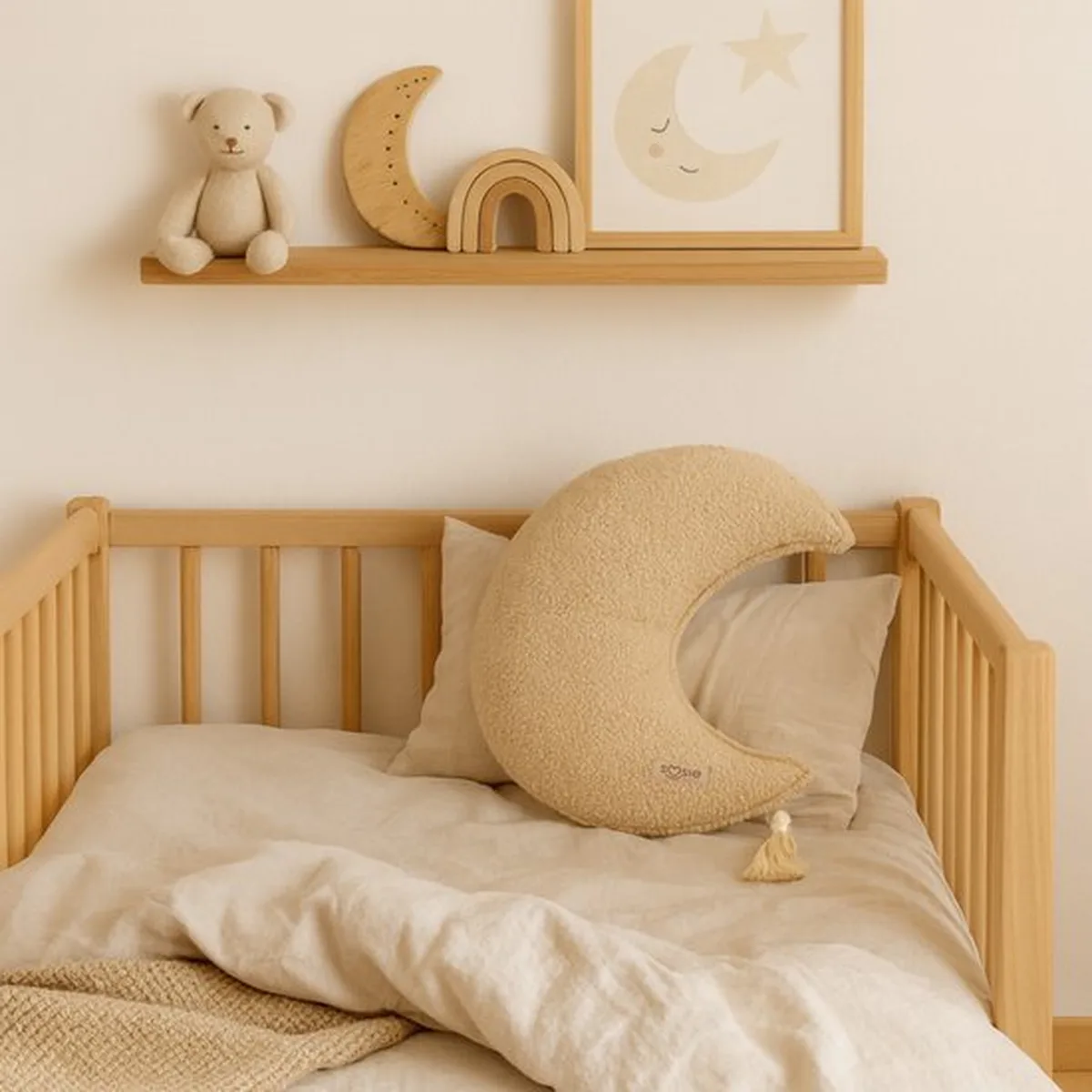Soosie - Sierkussen Maan – Kussentje - Teddy Bouclé – Ø 50 cm – Beige – met kwastje - 3