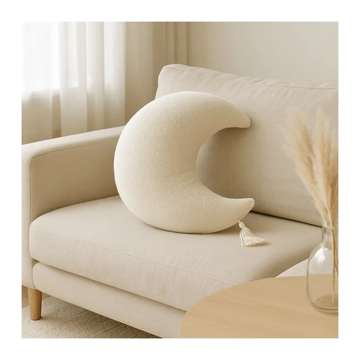 Soosie - Sierkussen Maan – Kussentje - Teddy Bouclé – Ø 50 cm – Crème – met kwastje - 8