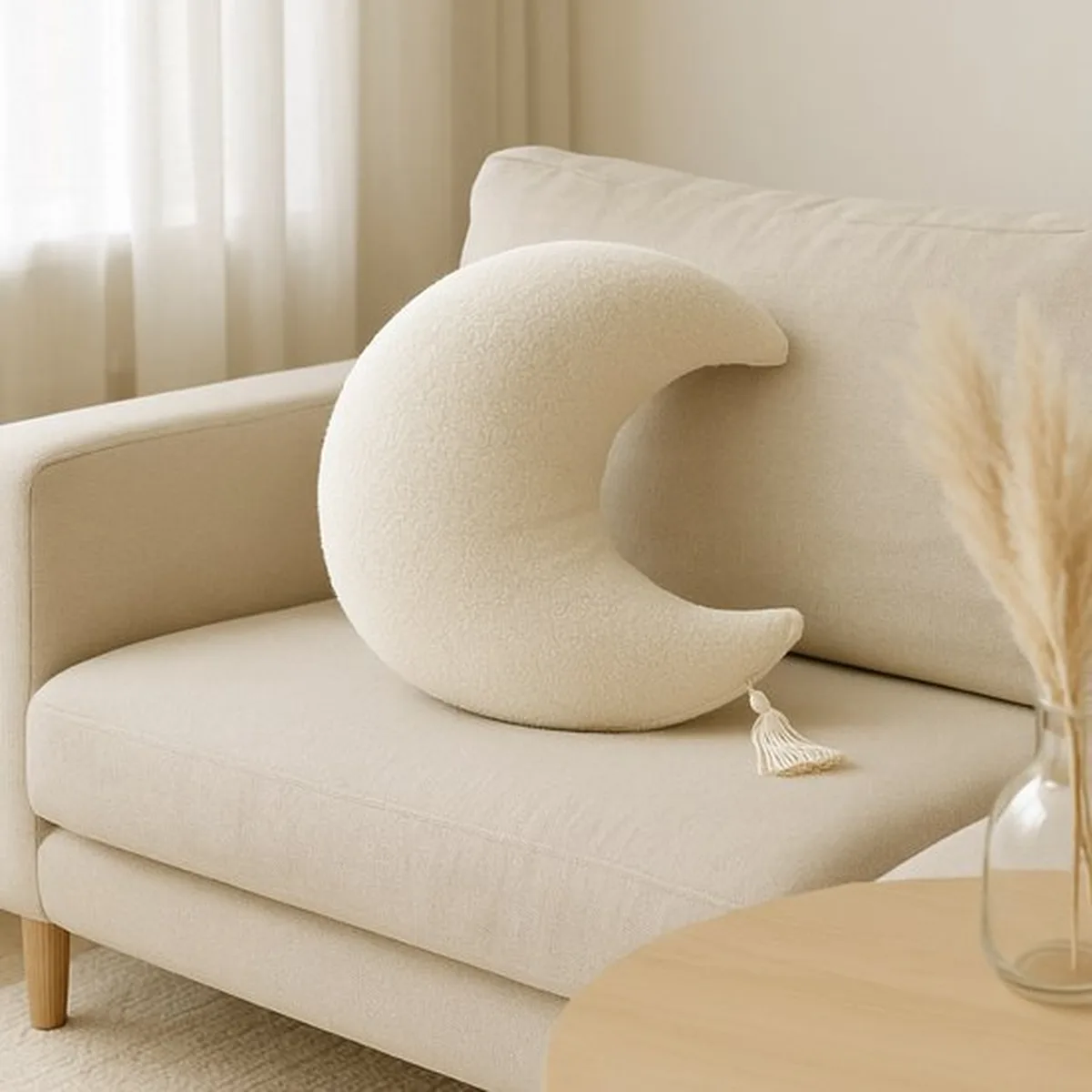 Soosie - Sierkussen Maan – Kussentje - Teddy Bouclé – Ø 50 cm – Crème – met kwastje