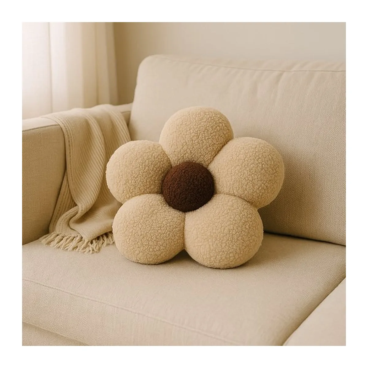 Soosie Sierkussen Bloem – Kussentje – Teddy Bouclé – Ø 40 cm – Beige & Bruin - 8
