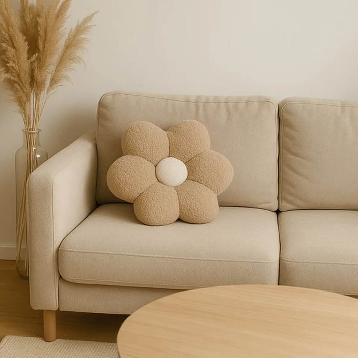 Soosie Sierkussen Bloem – Kussentje – Teddy Bouclé – Ø 40 cm – Beige & Crème
