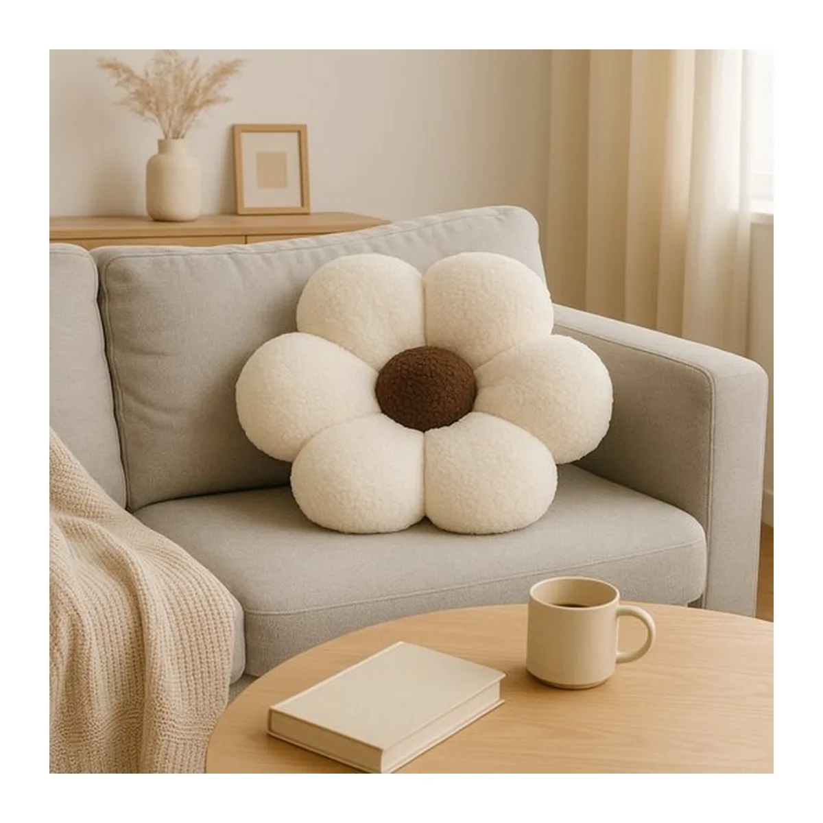 Soosie Sierkussen Bloem – Kussentje – Teddy Bouclé – Ø 40 cm – Crème & Bruin - 8