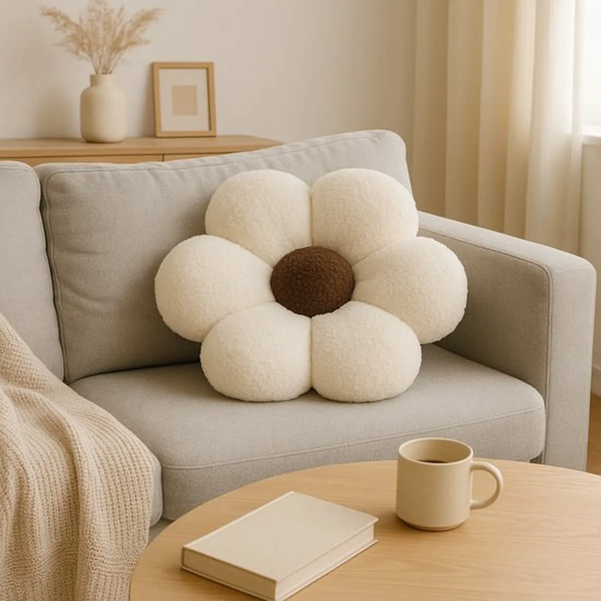 Soosie Sierkussen Bloem – Kussentje – Teddy Bouclé – Ø 40 cm – Crème & Bruin