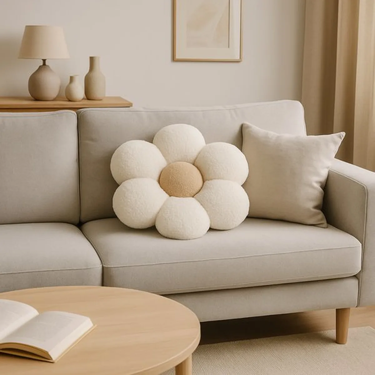 Soosie Sierkussen Bloem – Kussentje – Teddy Bouclé – Ø 40 cm – Crème & Beige - 2