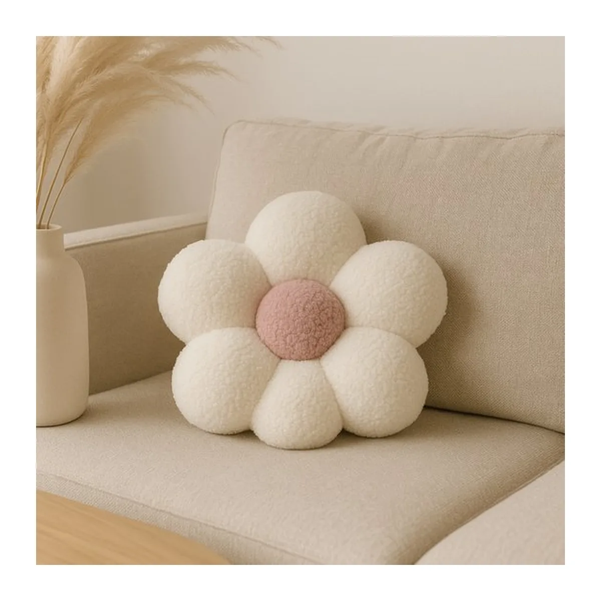Soosie Sierkussen Bloem – Kussentje – Teddy Bouclé – Ø 40 cm – Crème & Zacht Roze - 8