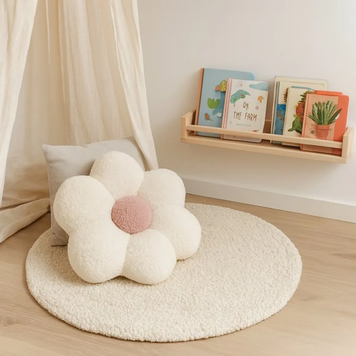 Soosie Sierkussen Bloem – Kussentje – Teddy Bouclé – Ø 40 cm – Crème & Zacht Roze - 7