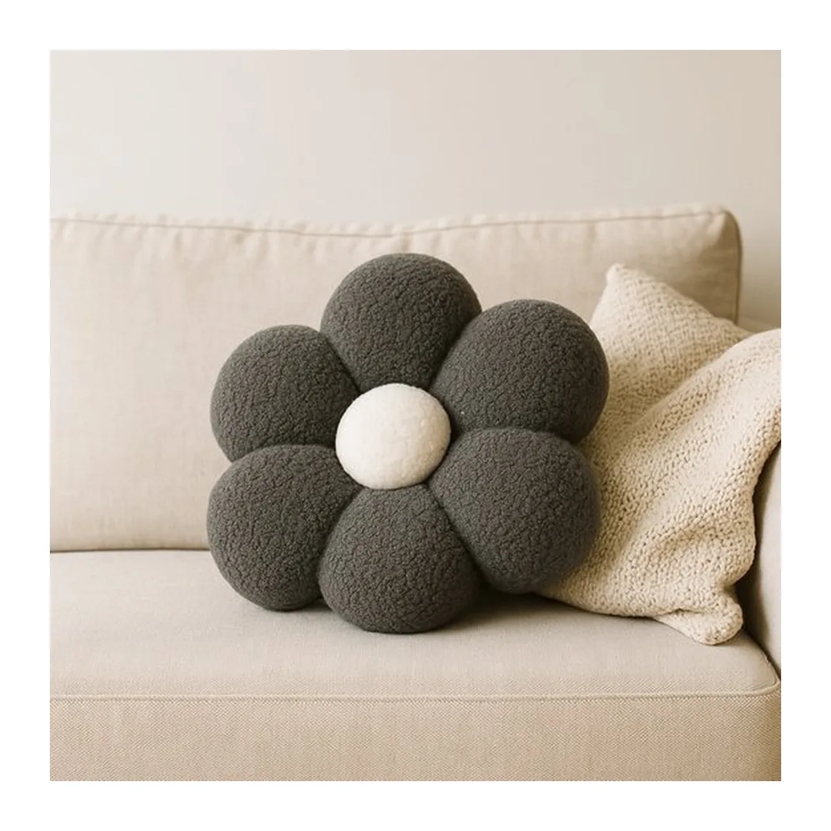 Soosie Sierkussen Bloem – Kussentje – Teddy Bouclé – Ø 40 cm – Grijs & Crème - 8