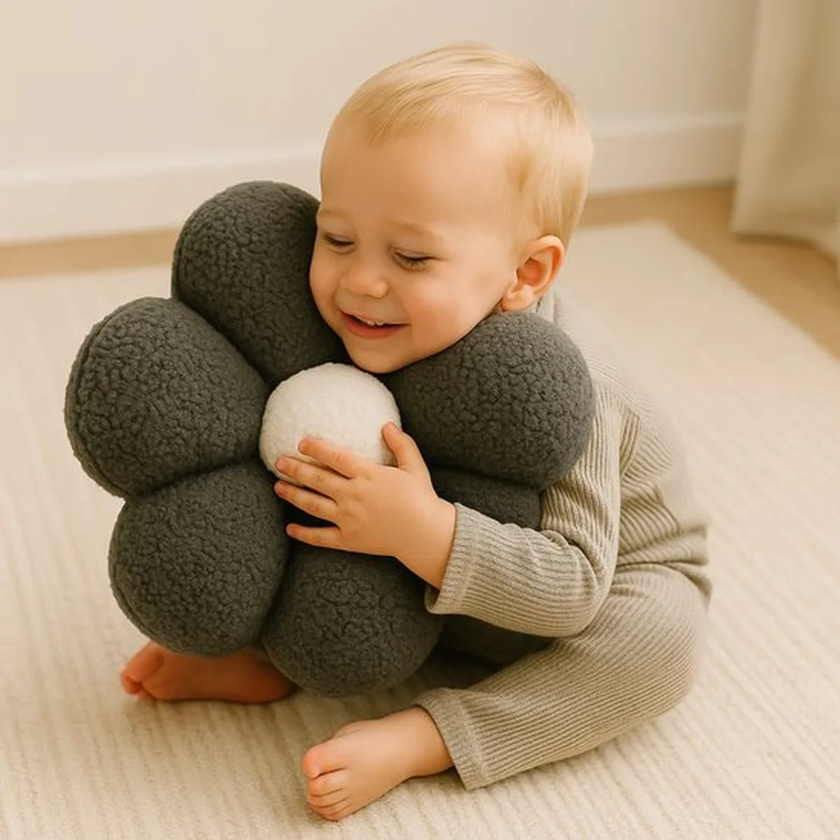 Soosie Sierkussen Bloem – Kussentje – Teddy Bouclé – Ø 40 cm – Grijs & Crème - 2