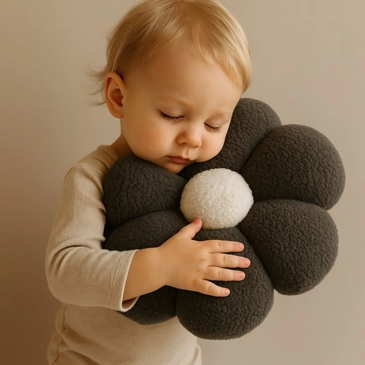 Soosie Sierkussen Bloem – Kussentje – Teddy Bouclé – Ø 40 cm – Grijs & Crème - 6