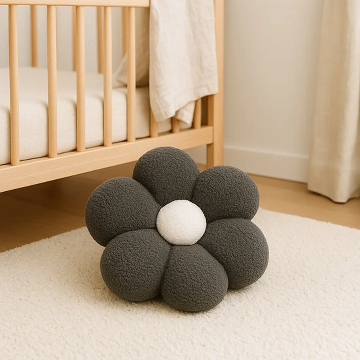 Soosie Sierkussen Bloem – Kussentje – Teddy Bouclé – Ø 40 cm – Grijs & Crème - 7