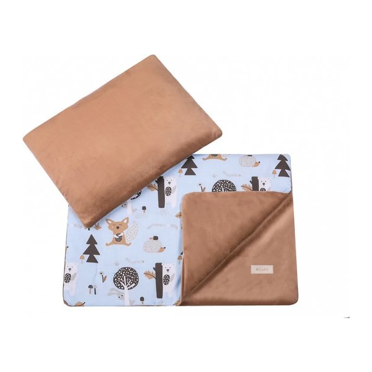 LUXE 2 delige SET / Kraamcadeau / wiegdeken met kussen / dubbelzijdig / Bosdieren bruin 50x75