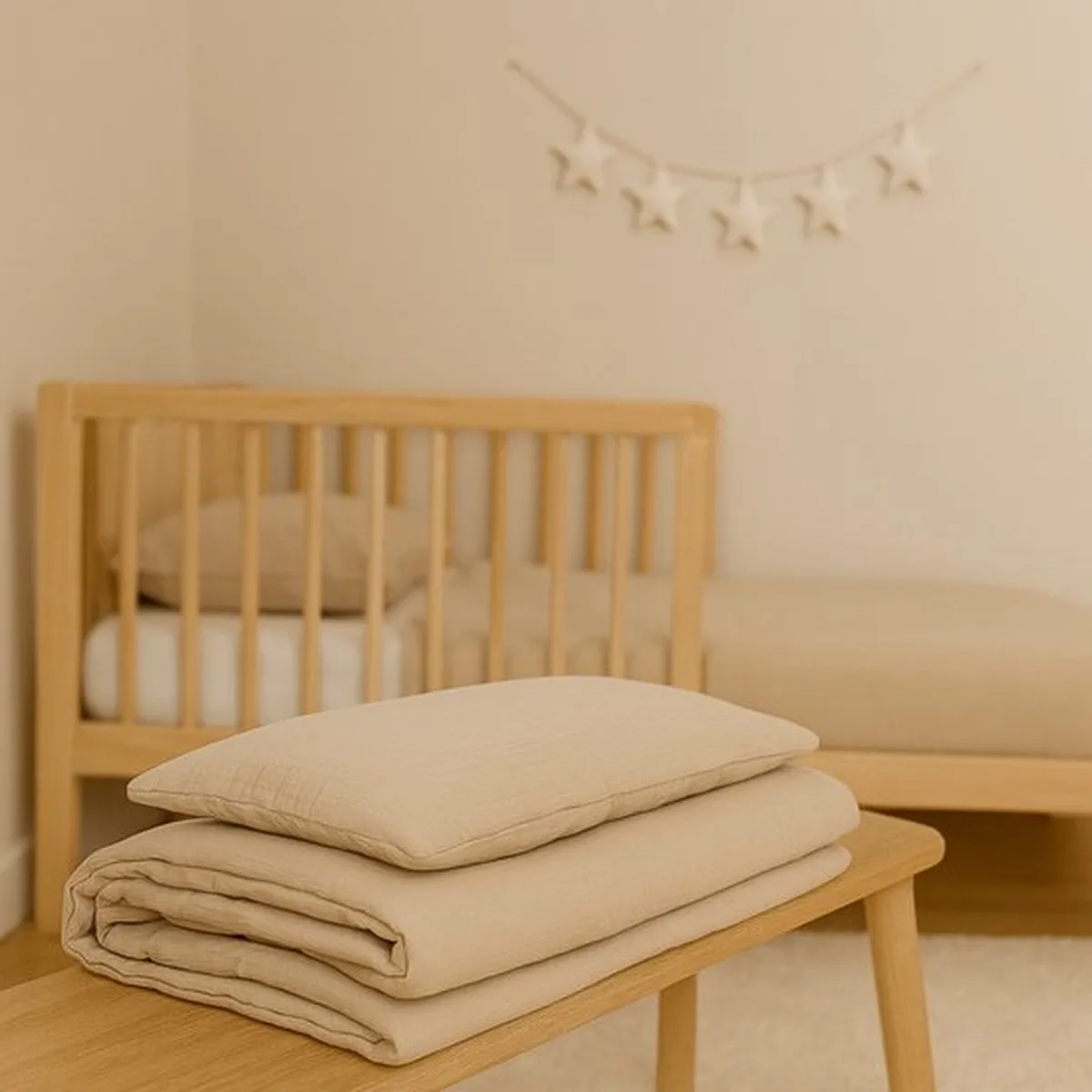 Soosie - Baby Dekbed met kussen - Beddenset - 100x135 + 40x60 –Katoen Mousseline – Met Vulling – Klaar Voor Gebruikt - Kant-en-klaar - Beige - 2