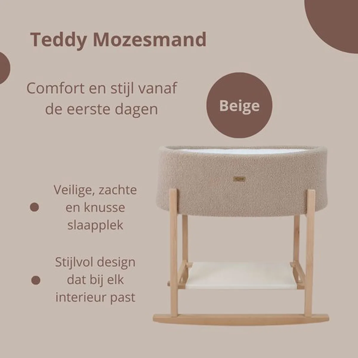Soosie - Teddy Bouclé - Mozesmand - Baby Wieg met Schommelbasis - Natuurlijk Beukenhout – Beige – 75×36 – Met Matras - 5