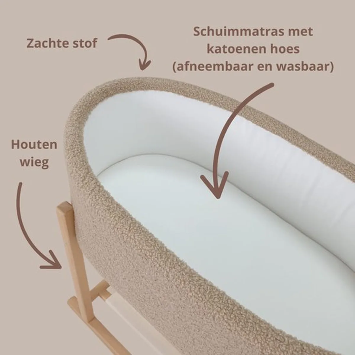 Soosie - Teddy Bouclé - Mozesmand - Baby Wieg met Schommelbasis - Natuurlijk Beukenhout – Beige – 75×36 – Met Matras - 6