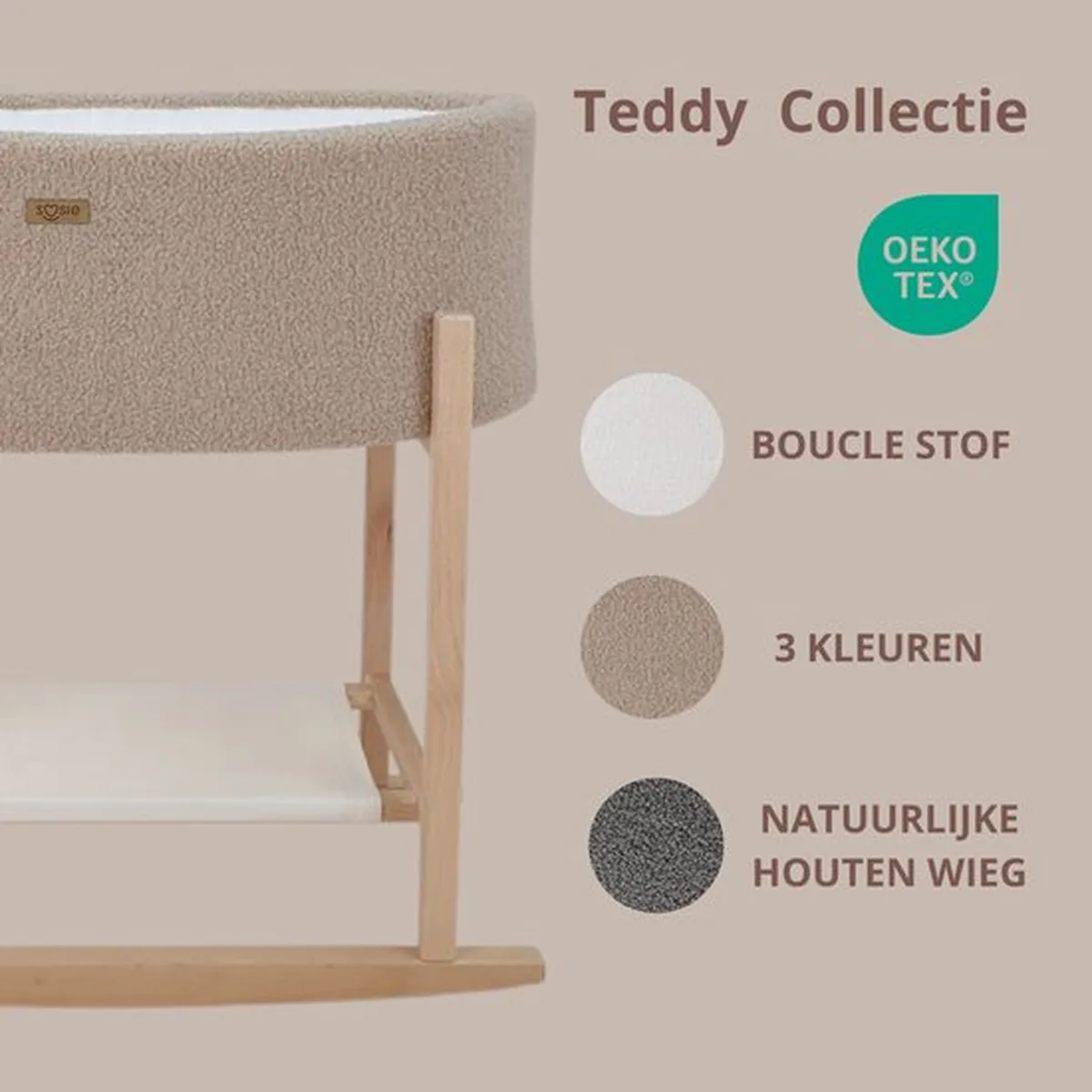 Soosie - Teddy Bouclé - Mozesmand - Baby Wieg met Schommelbasis - Natuurlijk Beukenhout – Beige – 75×36 – Met Matras - 7