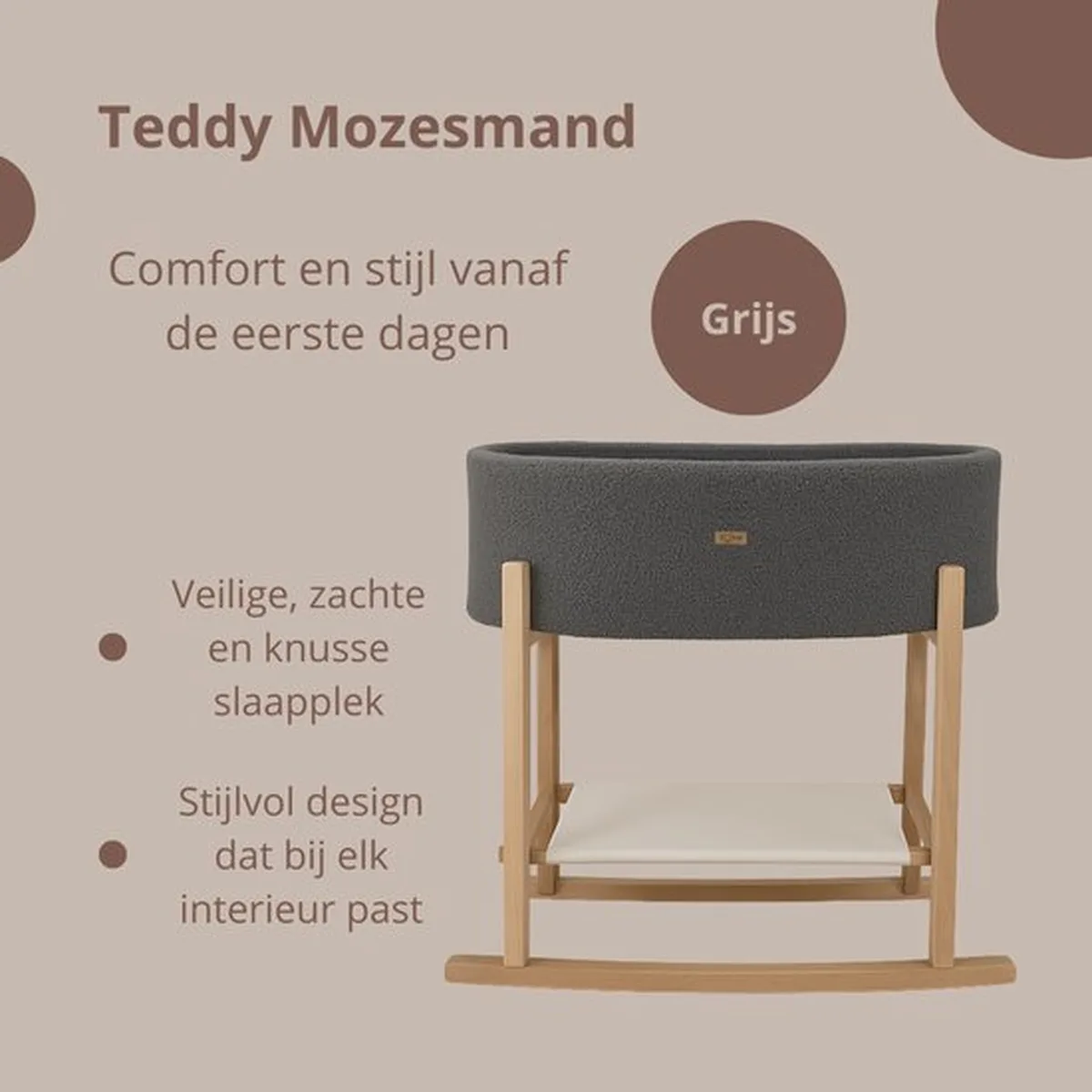 Soosie - Teddy Bouclé - Mozesmand - Baby Wieg met Schommelbasis - Natuurlijk Beukenhout – Grijs – 75×36 – Met Matras - 2