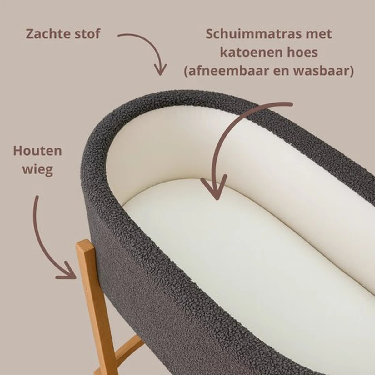 Soosie - Teddy Bouclé - Mozesmand - Baby Wieg met Schommelbasis - Natuurlijk Beukenhout – Grijs – 75×36 – Met Matras - 5