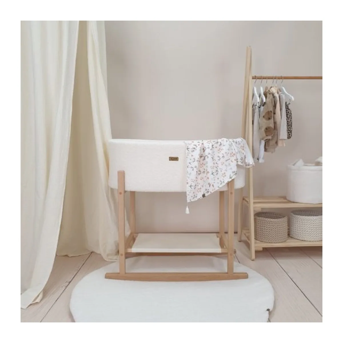 Soosie - Teddy Bouclé - Mozesmand - Baby Wieg met Schommelbasis - Natuurlijk Beukenhout – Cream – 75×36 – Met Matras - 8