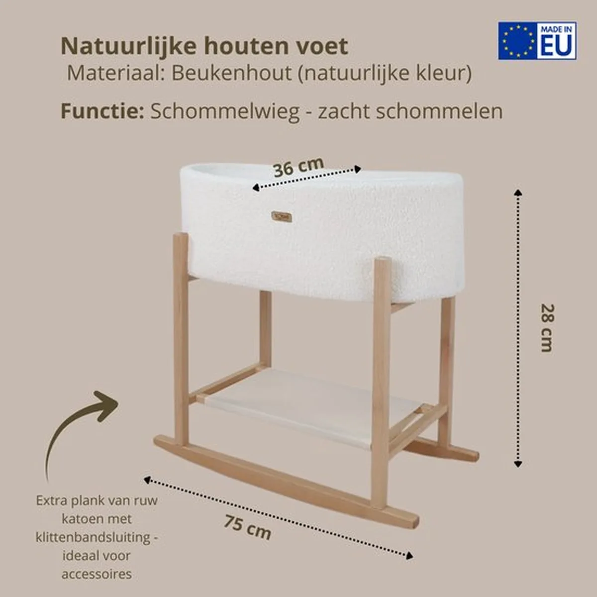 Soosie - Teddy Bouclé - Mozesmand - Baby Wieg met Schommelbasis - Natuurlijk Beukenhout – Cream – 75×36 – Met Matras - 7