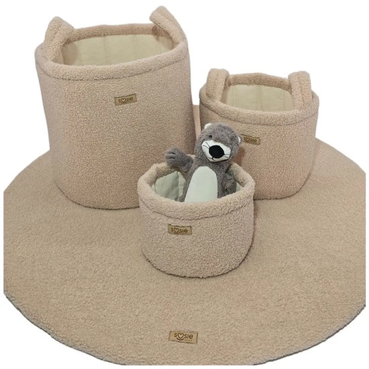 Soosie Teddy Bounce Opbergmanden Set – 3 stuks – Opbergmand Babykamer – Speelgoedmand – Beige Bruin – Manden voor Luiers, Speelgoed & Kleding - 3