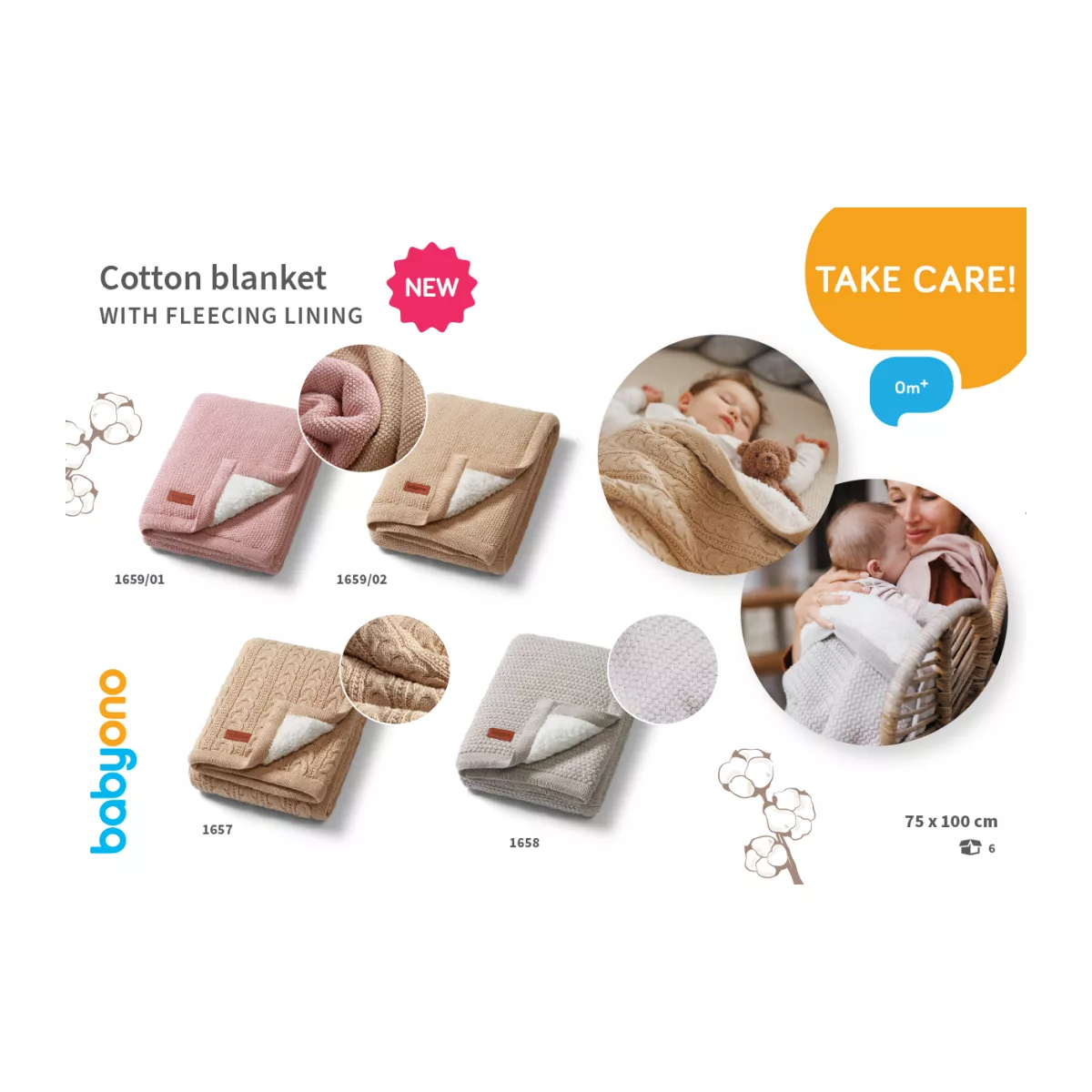 BabyOno 1657 – Warme katoen­deken met sherpa voering – 75×100 cm – Herfst & winter – 0m+ - 6