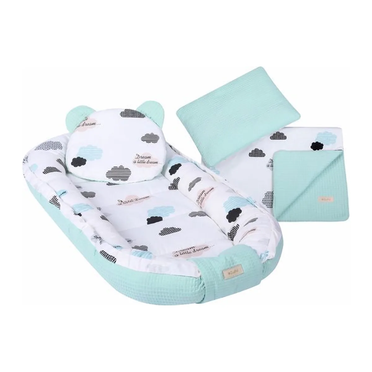 LUXE babynestje 4 delige SET / Kraamcadeau / GRATIS wiegdeken met kussen / Wolken mint