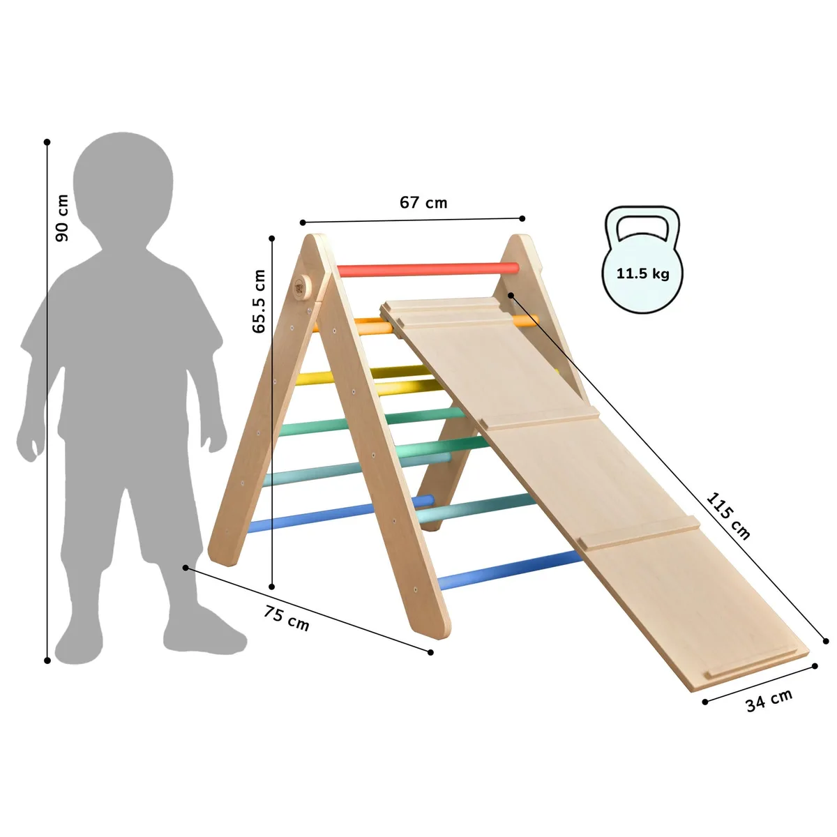 BusyKids Pikler driehoek met glijbaan en klimplank (set) - Onbehandeld hout