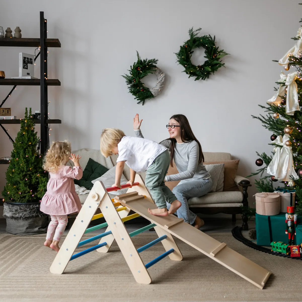 BusyKids Pikler driehoek met glijbaan en klimplank (set) - Onbehandeld hout - 3