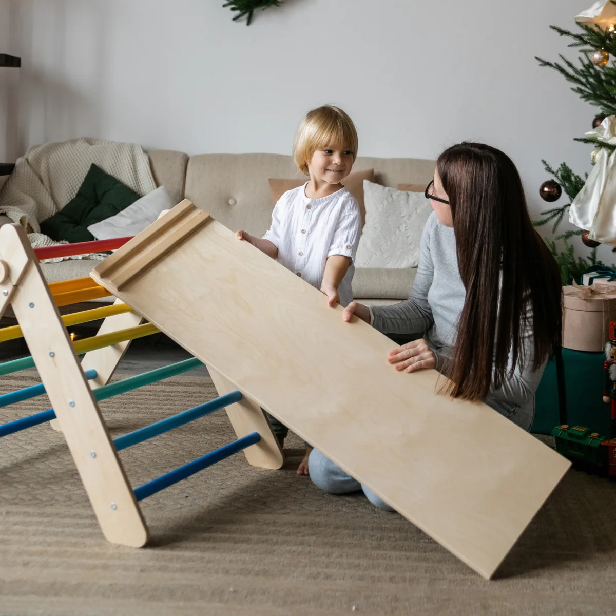 BusyKids Pikler driehoek met glijbaan en klimplank (set) - Onbehandeld hout - 4