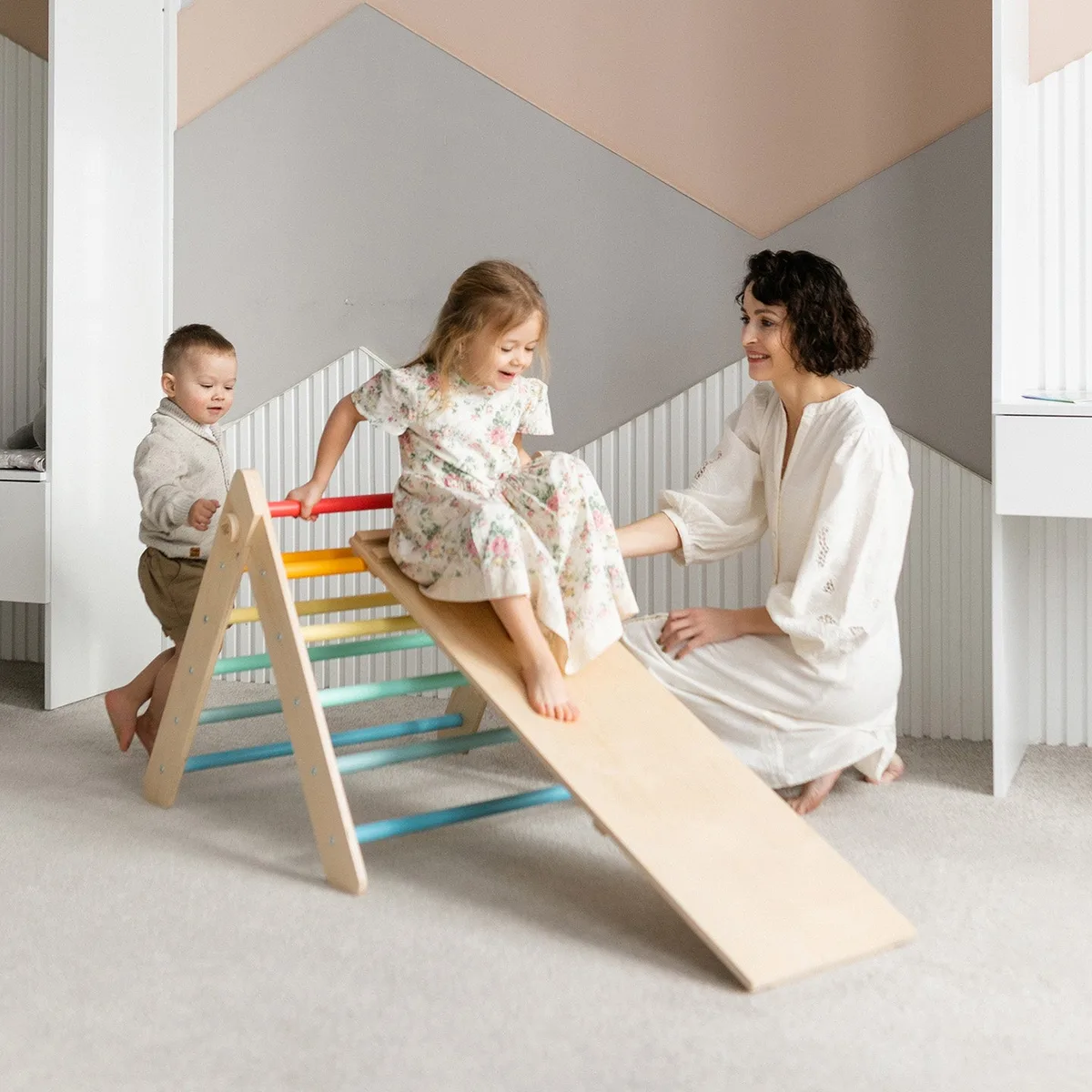 BusyKids Pikler driehoek met glijbaan en klimplank (set) - Onbehandeld hout - 5