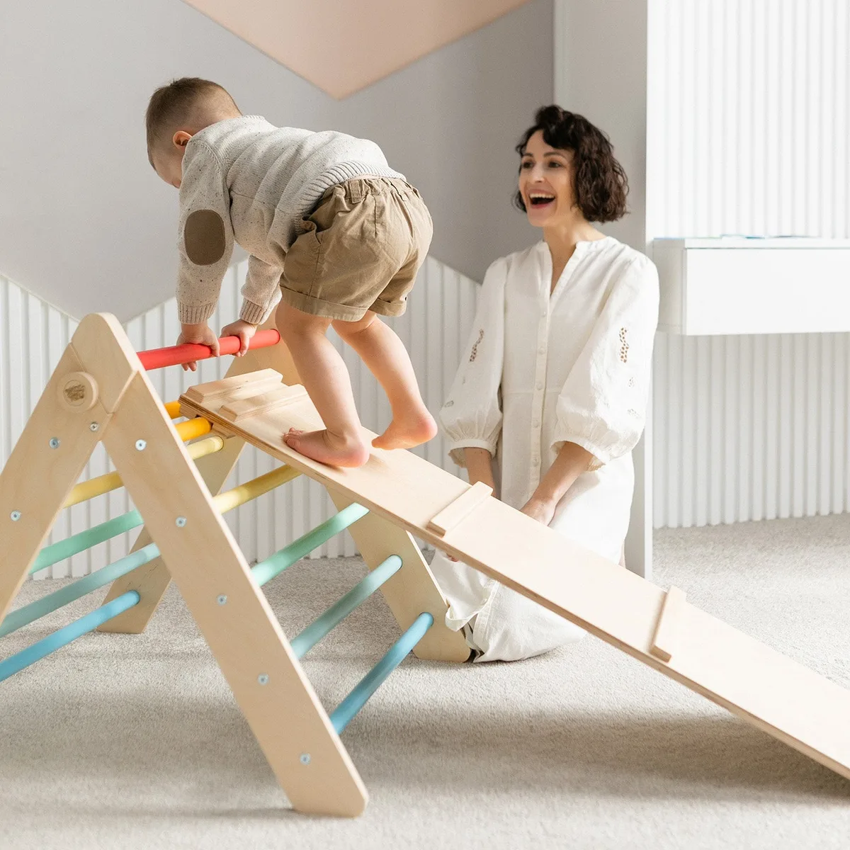 BusyKids Pikler driehoek met glijbaan en klimplank (set) - Onbehandeld hout - 6