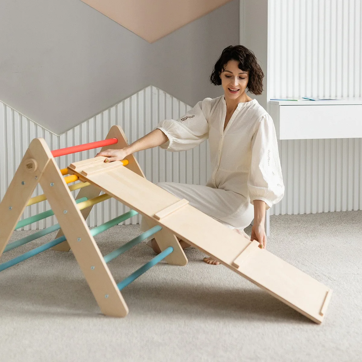 BusyKids Pikler driehoek met glijbaan en klimplank (set) - Onbehandeld hout - 8