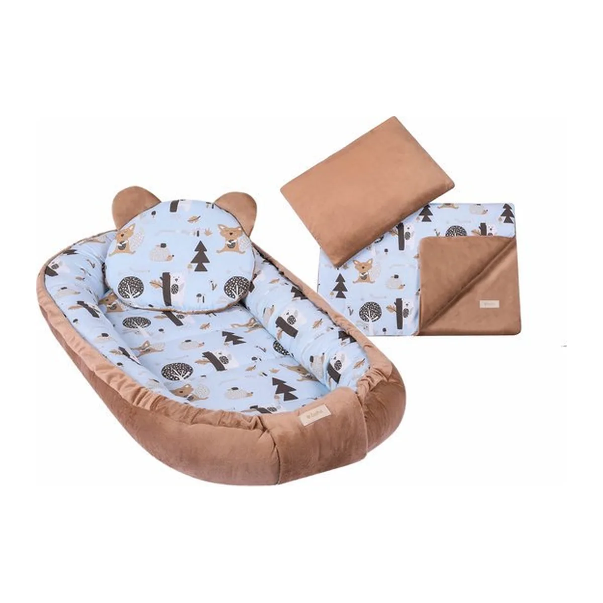 LUXE babynestje 4 delige SET / Kraamcadeau / GRATIS wiegdeken met kussen / Bosdieren bruin