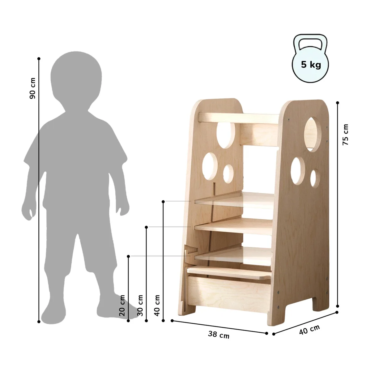 BusyKids Meegroeiende leertoren 3-in-1 (75 cm) - Onbehandeld hout