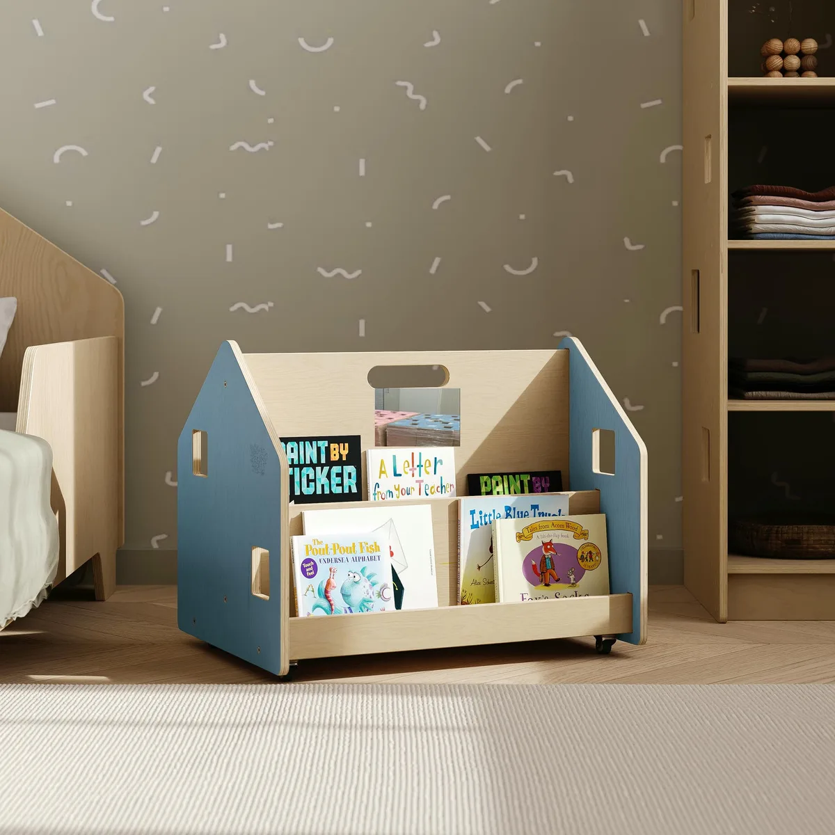 BusyKids Dubbelzijdige mini boekenkast op wielen - Lichtblauw - 3