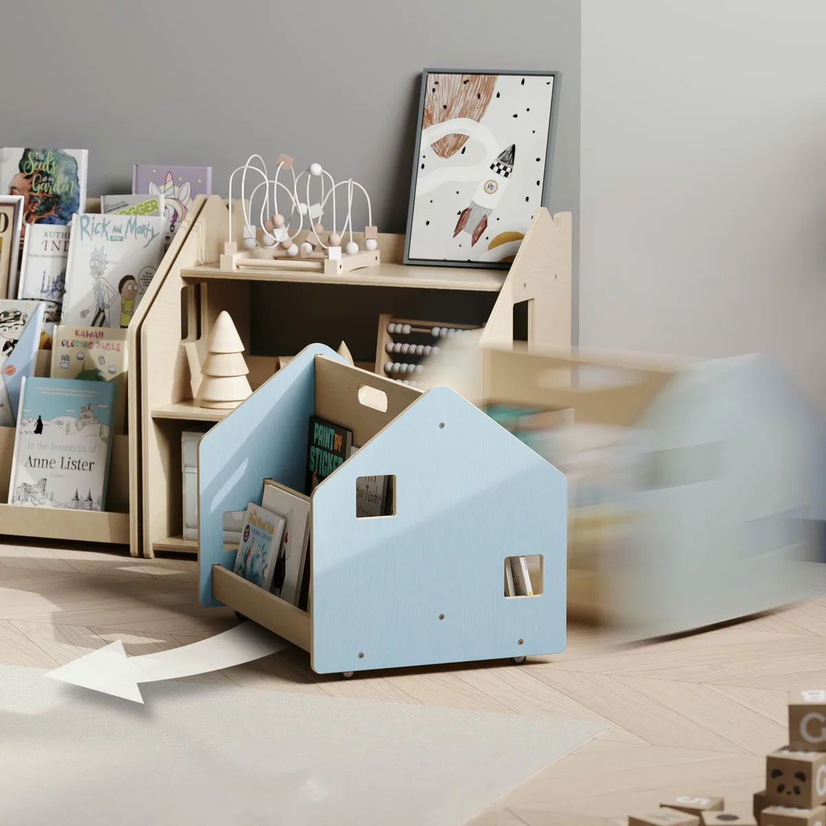 BusyKids Dubbelzijdige mini boekenkast op wielen - Lichtblauw - 4