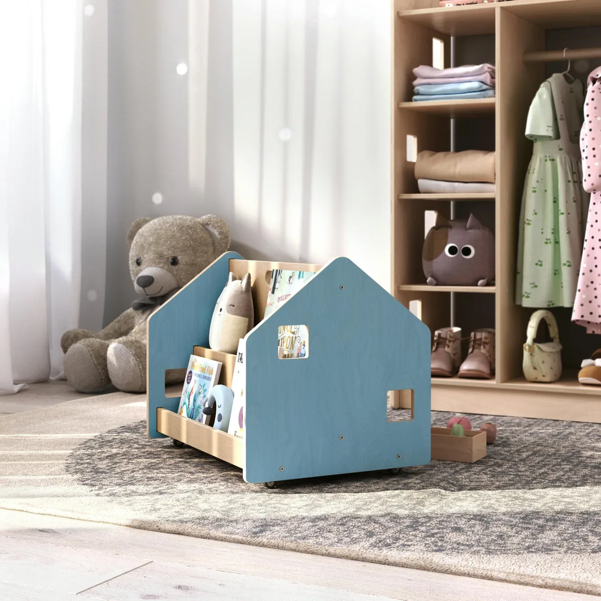 BusyKids Dubbelzijdige mini boekenkast op wielen - Lichtblauw - 8