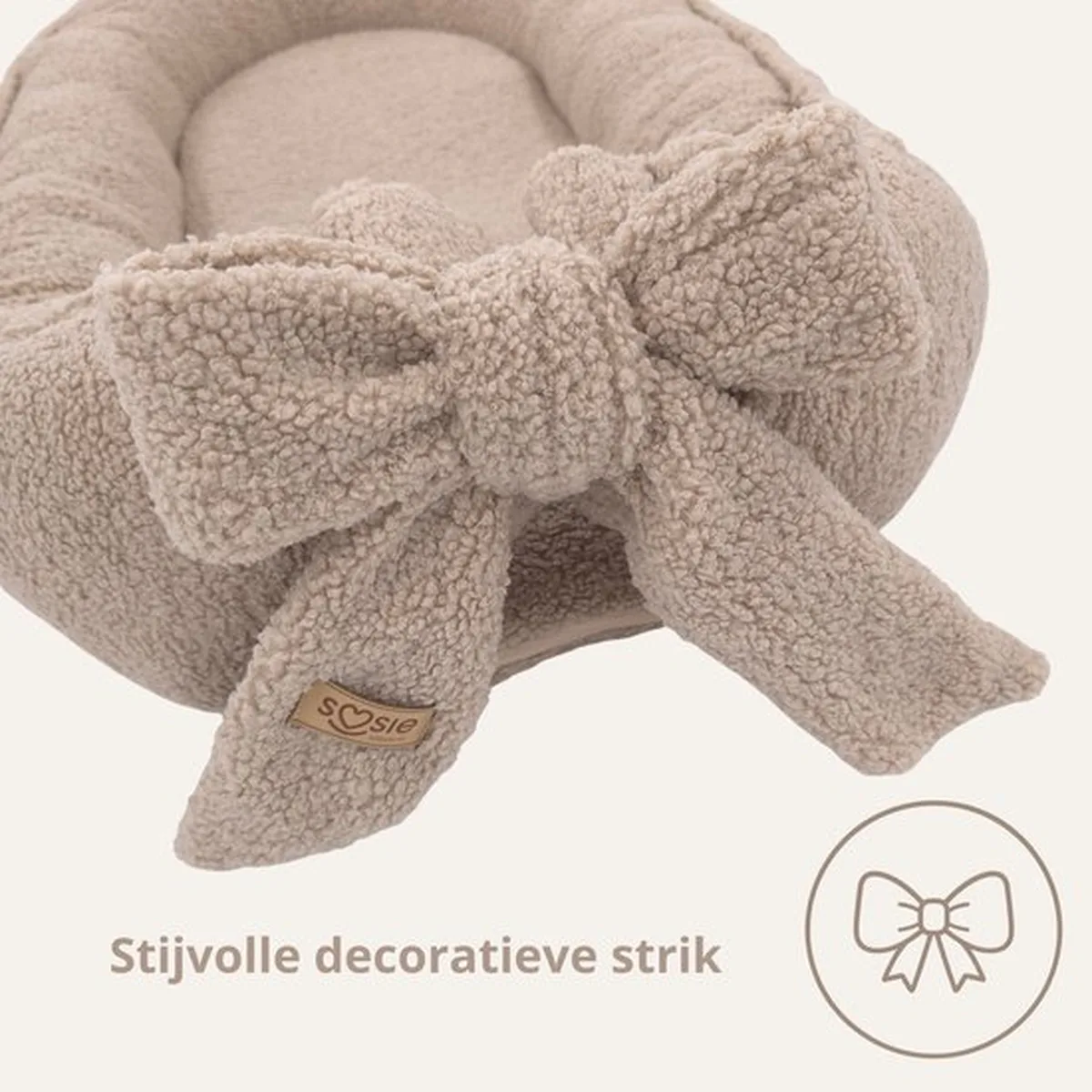 Soosie Teddy Bow Babynestje – Zacht Teddy Babynest met Uitneembaar Matras en Decoratieve Strik – Beige - 4