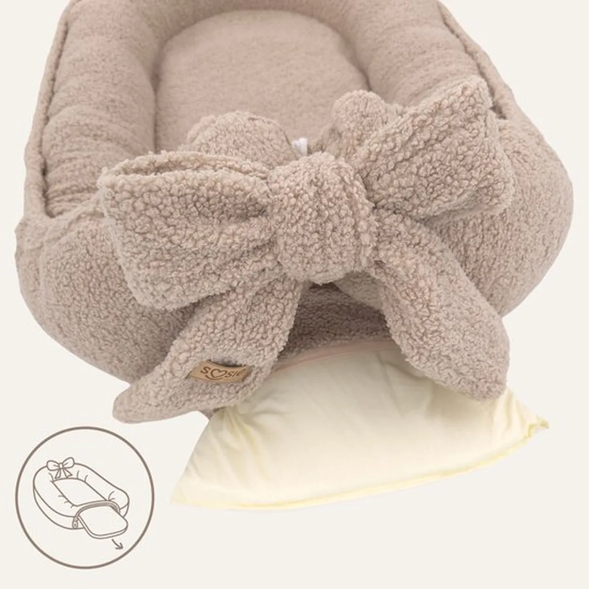 Soosie Teddy Bow Babynestje – Zacht Teddy Babynest met Uitneembaar Matras en Decoratieve Strik – Beige - 5