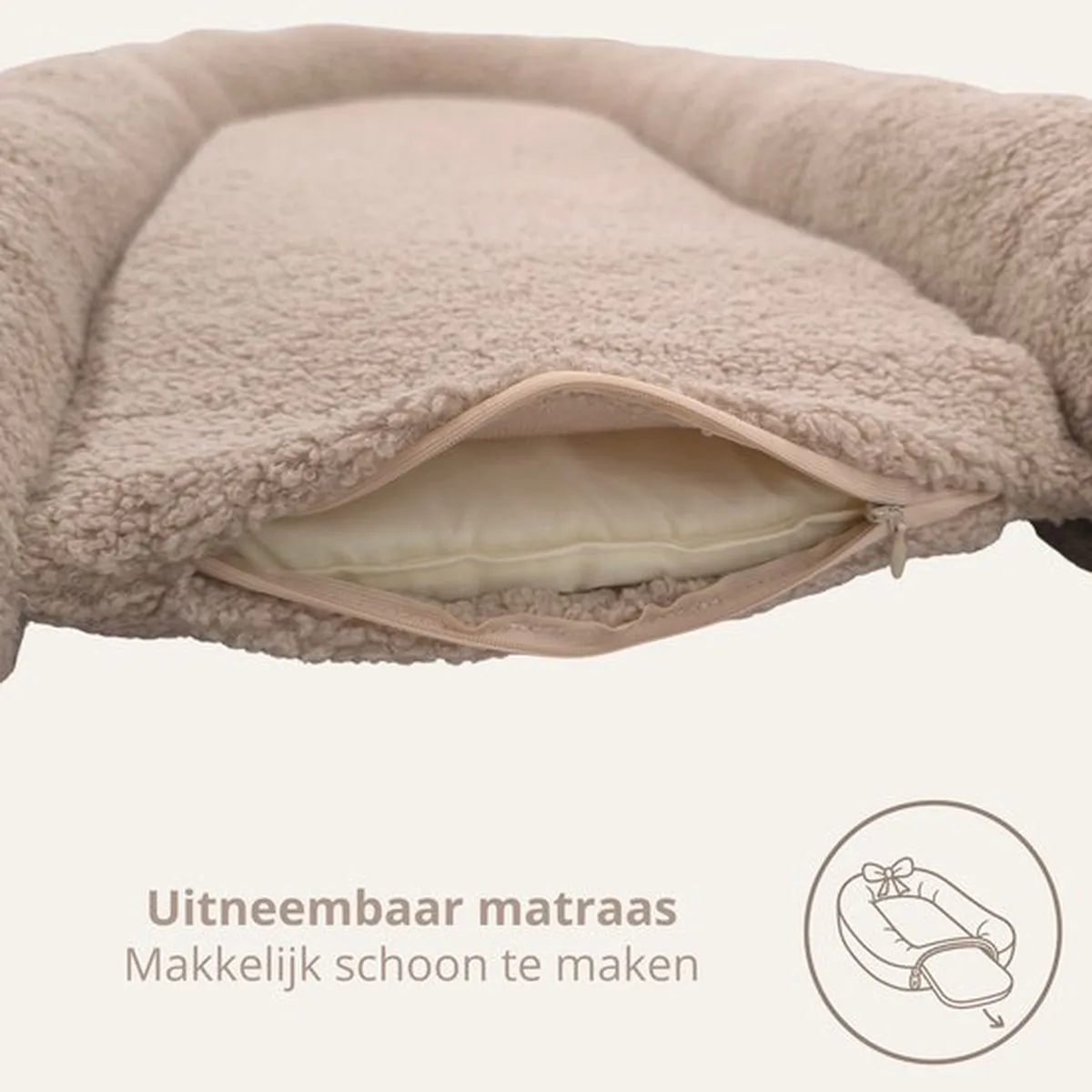 Soosie Teddy Bow Babynestje – Zacht Teddy Babynest met Uitneembaar Matras en Decoratieve Strik – Beige - 7