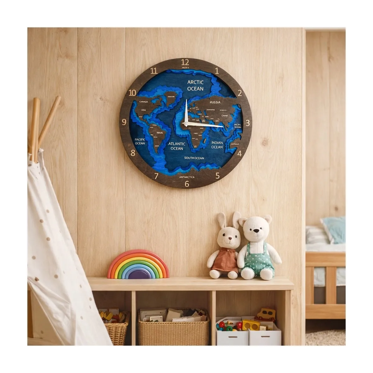 BusyKids Wandklok wereldkaart van hout - Naturel - 5