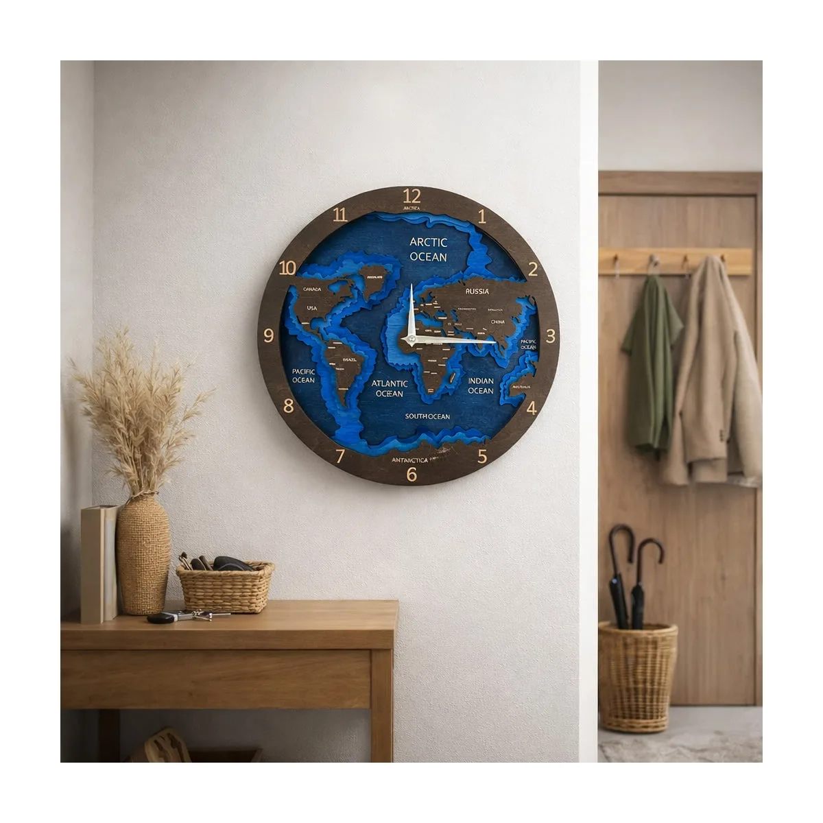 BusyKids Wandklok wereldkaart van hout - Naturel - 7