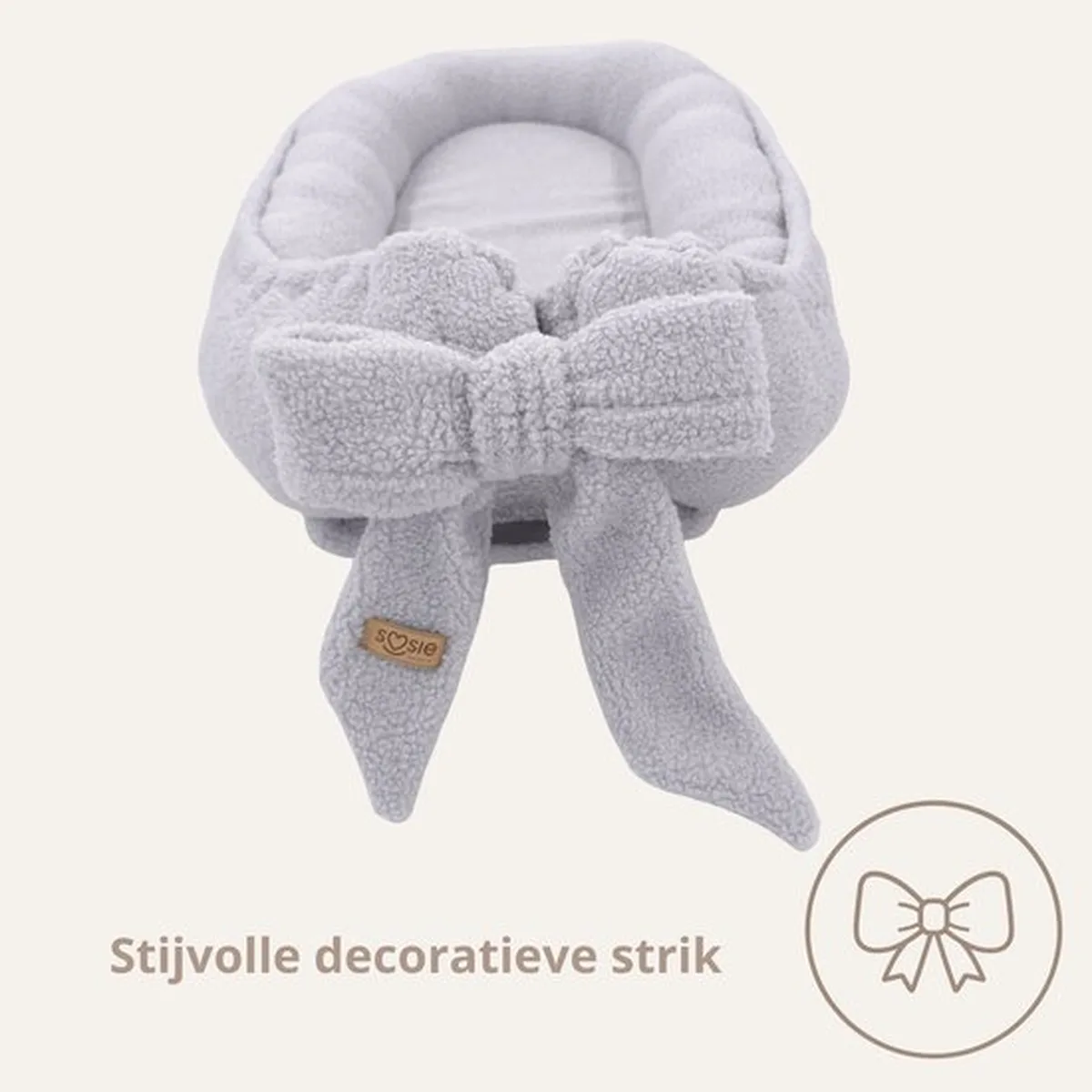 Soosie Teddy Bow Babynestje – Zacht Teddy Babynest met Uitneembaar Matras en Decoratieve Strik – Grijs - 6