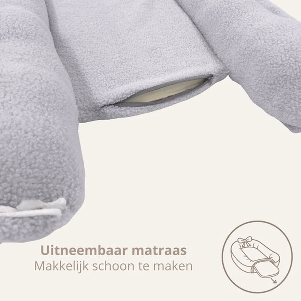Soosie Teddy Bow Babynestje – Zacht Teddy Babynest met Uitneembaar Matras en Decoratieve Strik – Grijs - 7